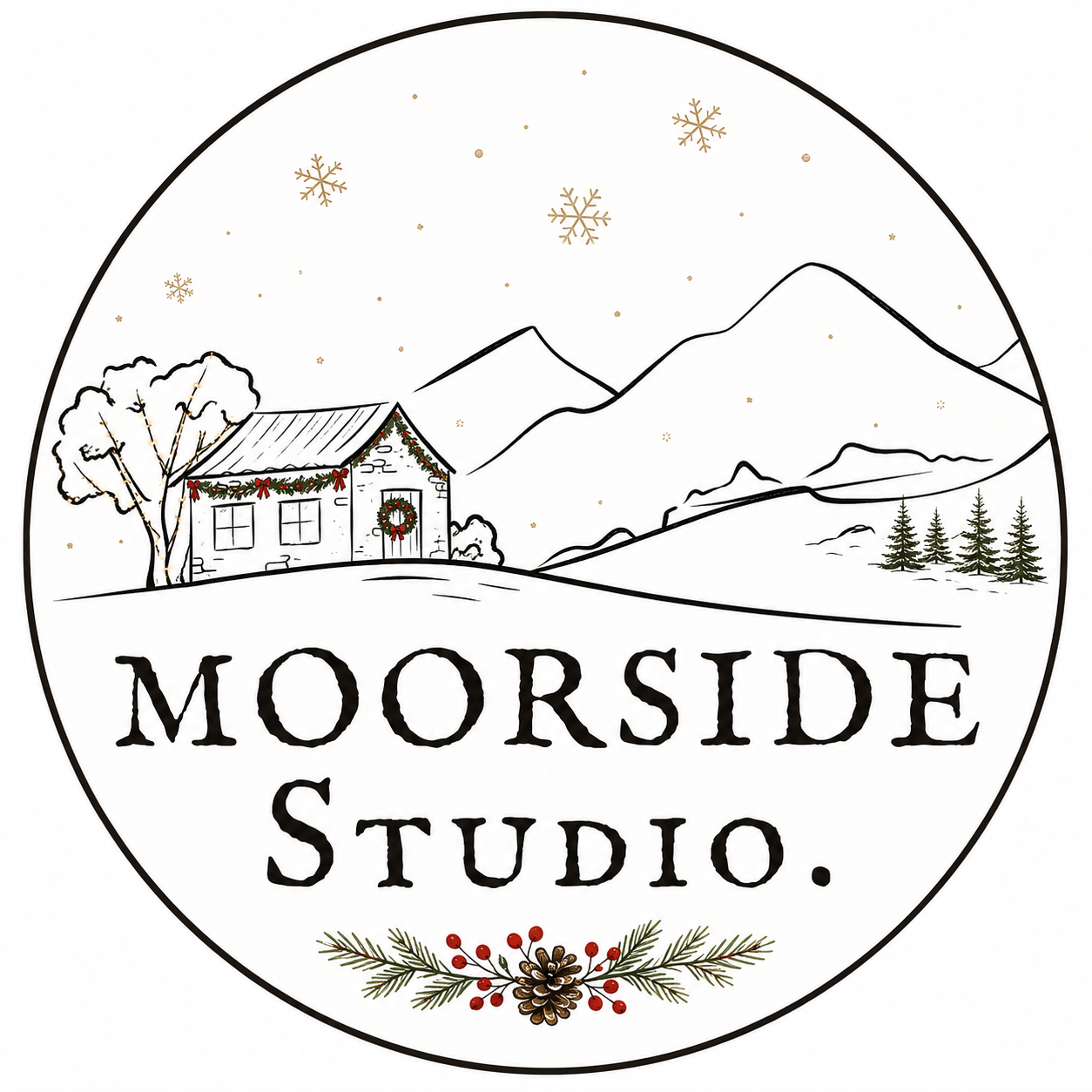 Moorside Studio festive line-art branding — cottage, mountain and snowflake illustration