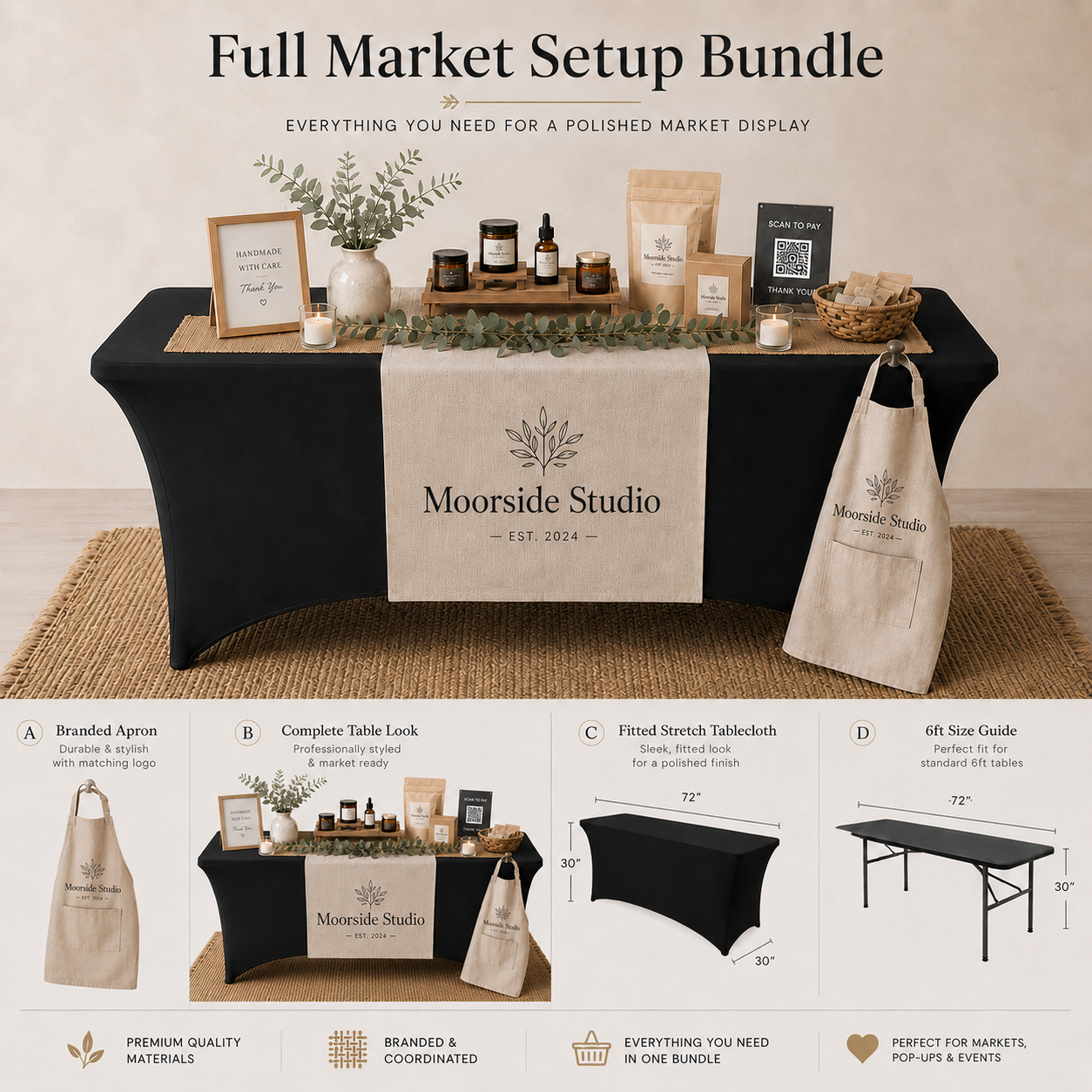 Moorside Studio full market setup bundle detail board showing apron, styled setup and fitted tablecloth dimensions