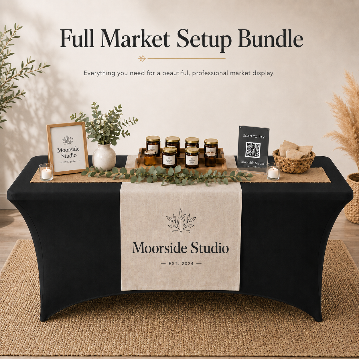 Moorside Studio full market setup bundle mockup with coordinated styling and branded runner