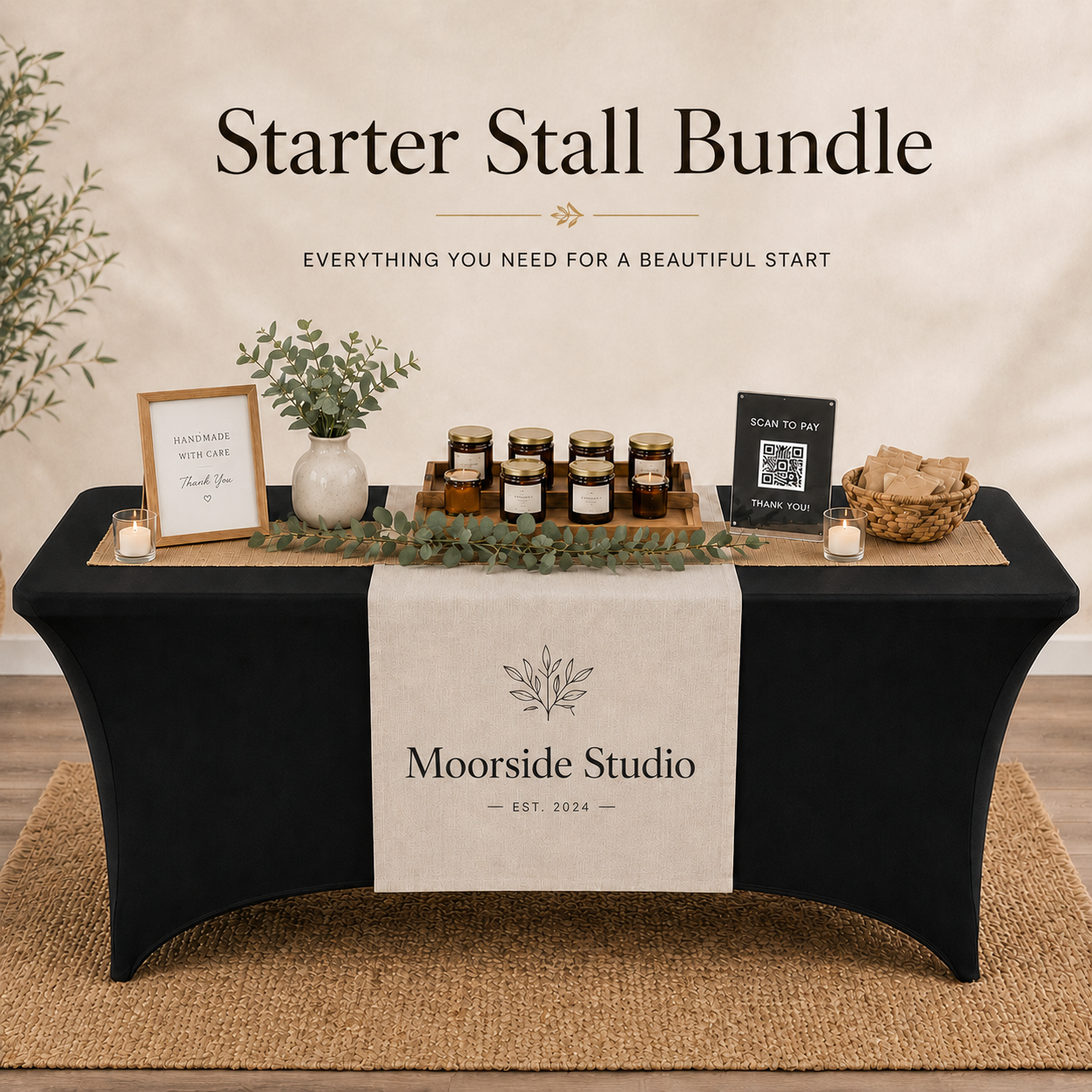 Moorside Studio market branding bundle mockup with branded runner, black fitted tablecloth, hessian layer and eucalyptus styling